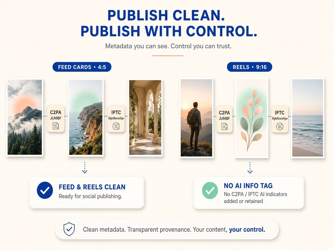 Visual comparison showing instagram metadata cleaner stripping container tags and manifests locally in the browser