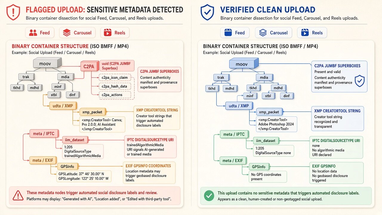 Binary container diagram illustrating how instagram metadata cleaner removes hidden blocks on-device