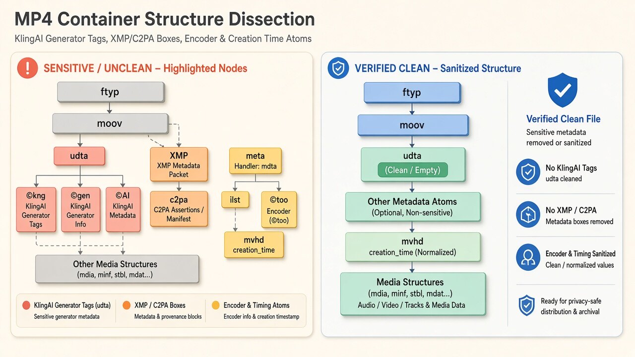Binary MP4 container diagram illustrating how kling video metadata removes moov/udta, JUMBF uuid, and XMP boxes on-device