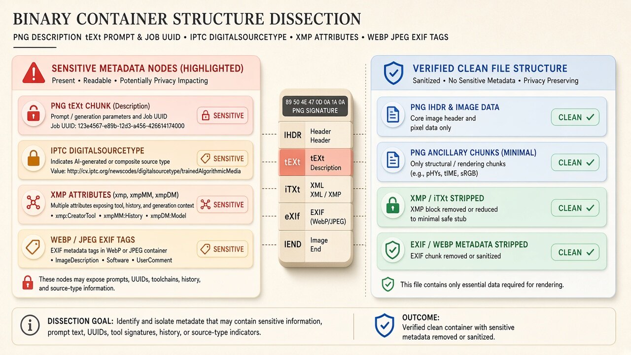 Binary container diagram illustrating how midjourney metadata cleaner removes JUMBF, XMP, and EXIF blocks on-device
