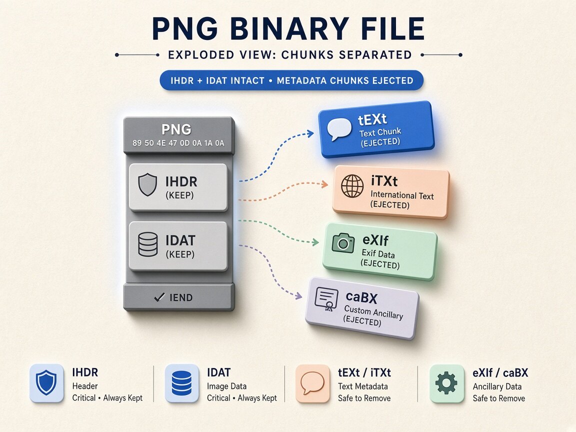Visual comparison showing png metadata cleaner stripping container tags and manifests locally in the browser