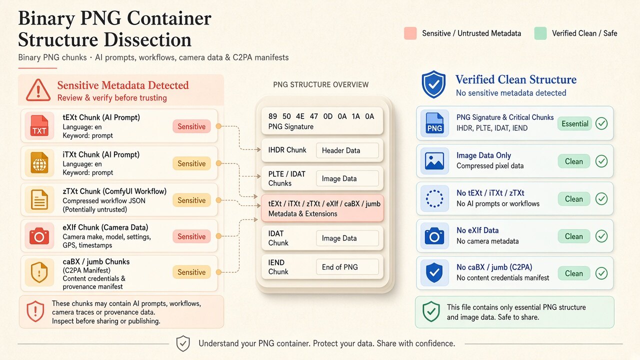 Binary container diagram illustrating how png metadata cleaner removes hidden blocks on-device
