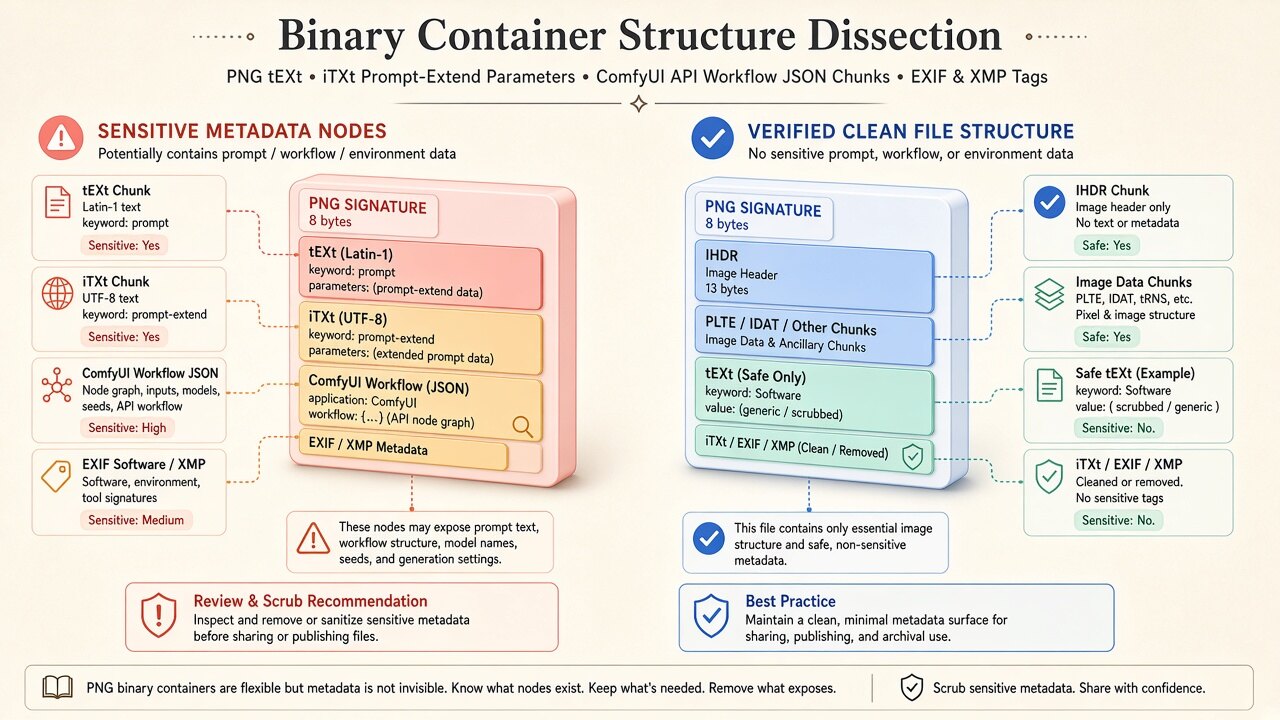 Binary container diagram illustrating how qwen image metadata removes JUMBF, XMP, and EXIF blocks on-device