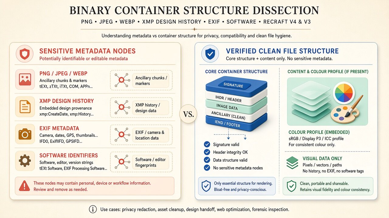 Binary container diagram illustrating how recraft metadata cleaner removes JUMBF, XMP, and EXIF blocks on-device
