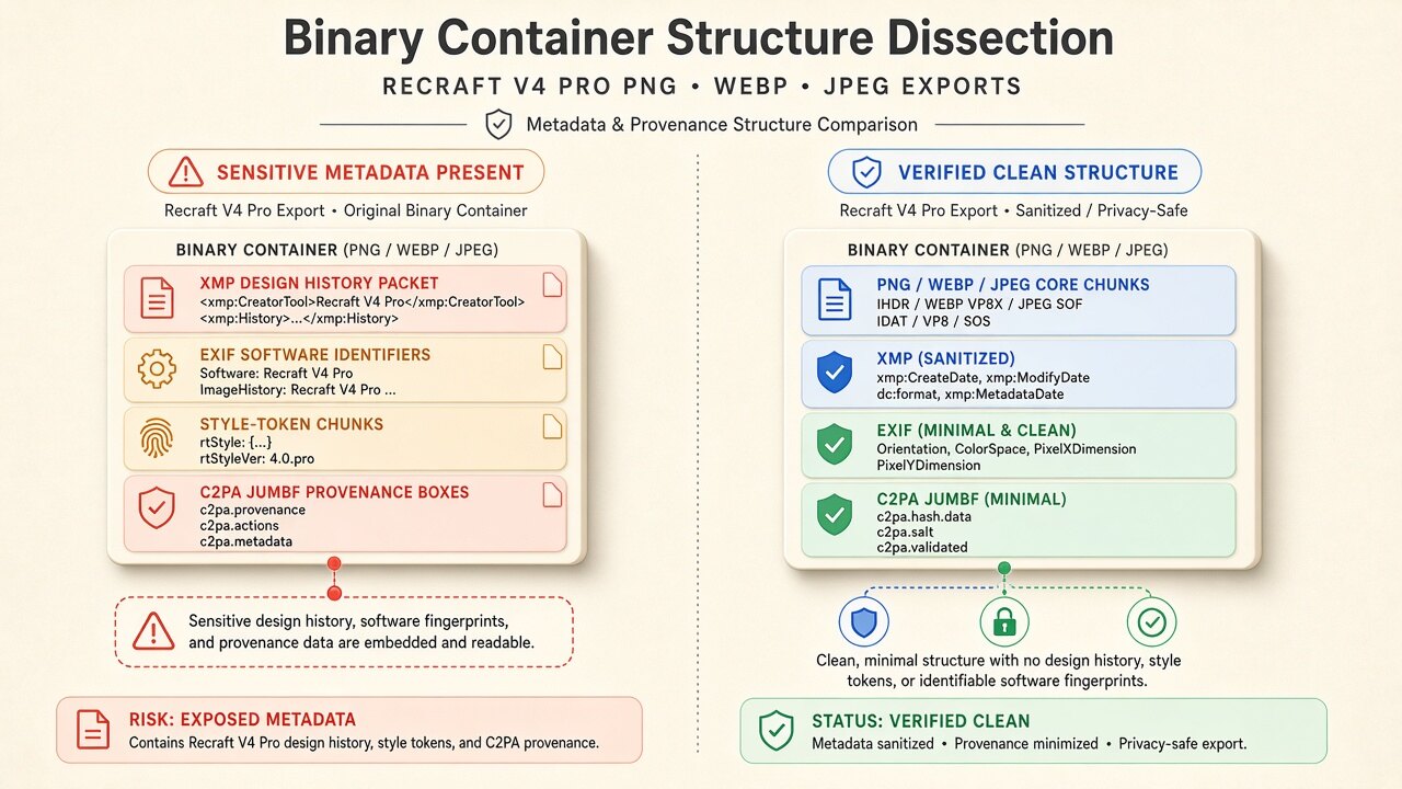 Binary container diagram illustrating how recraft image metadata removes JUMBF, XMP, and EXIF blocks on-device