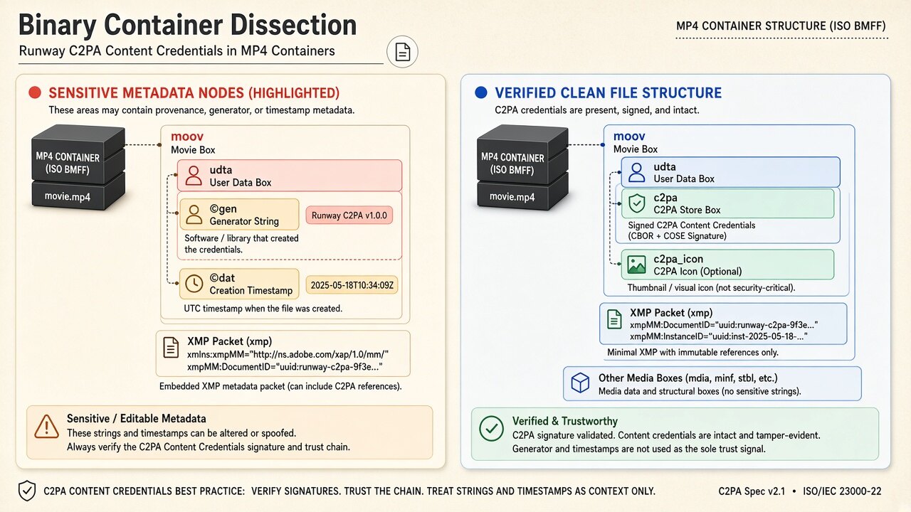 Binary MP4 container diagram illustrating how runway video metadata removes moov/udta, JUMBF uuid, and XMP boxes on-device
