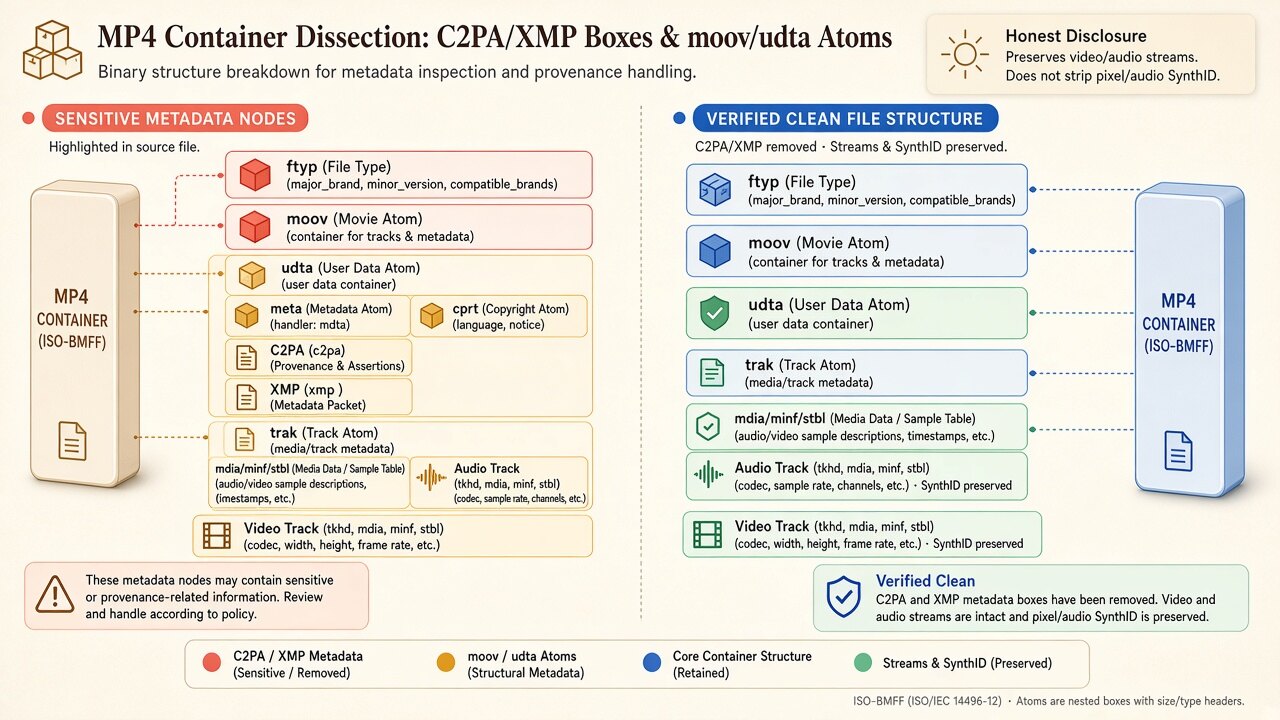 Binary MP4 container diagram illustrating how veo video metadata removes moov/udta, JUMBF uuid, and XMP boxes on-device