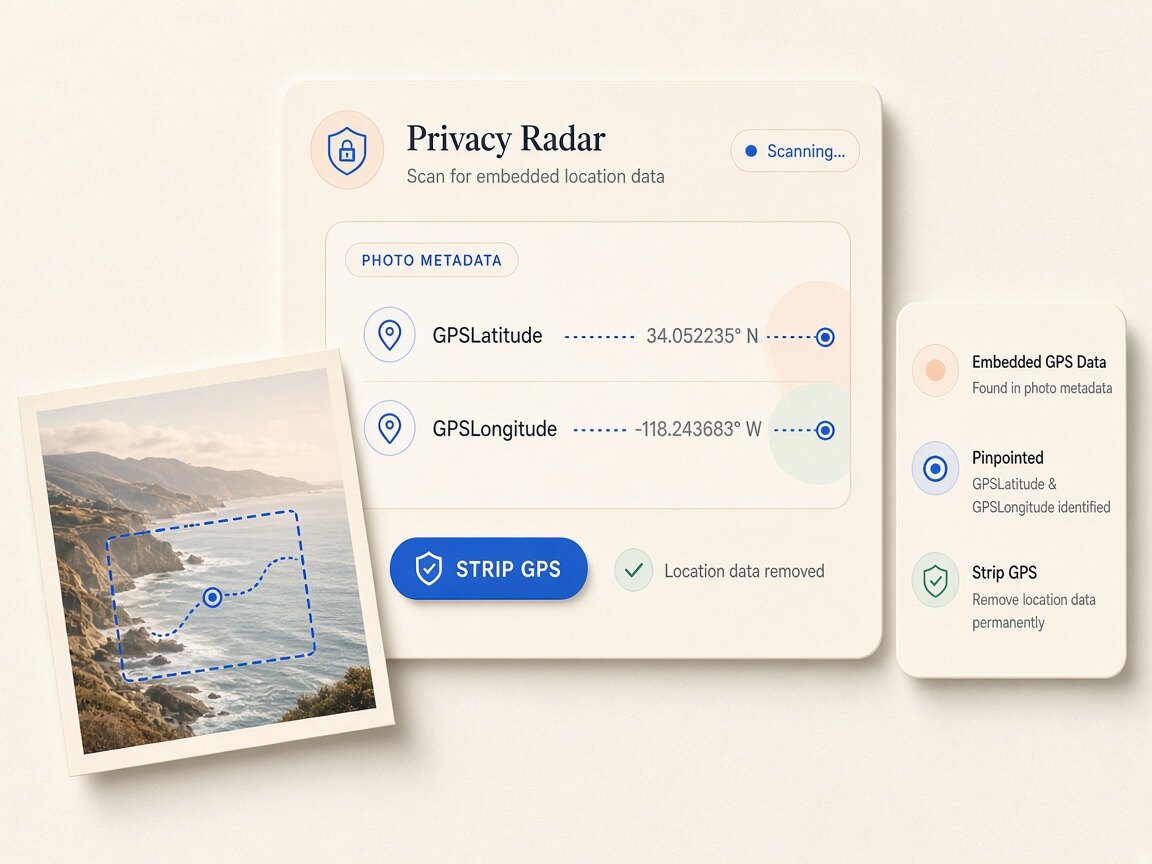 Read-only photo gps checker interface displaying extracted container headers and summary badges locally in the browser
